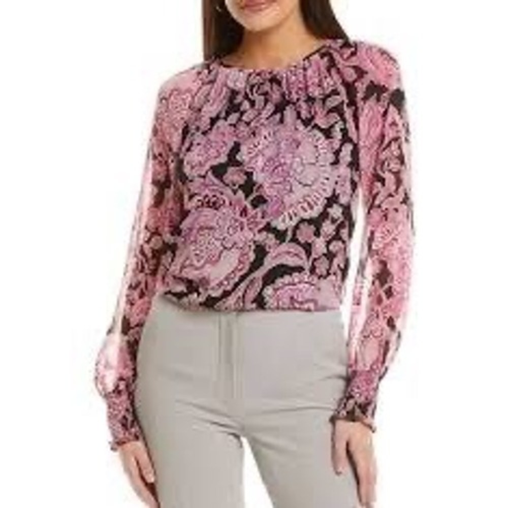 CeCe Womens XL Pink Purple Floral Paisley Chiffon Blouse Smocked Cuff Top